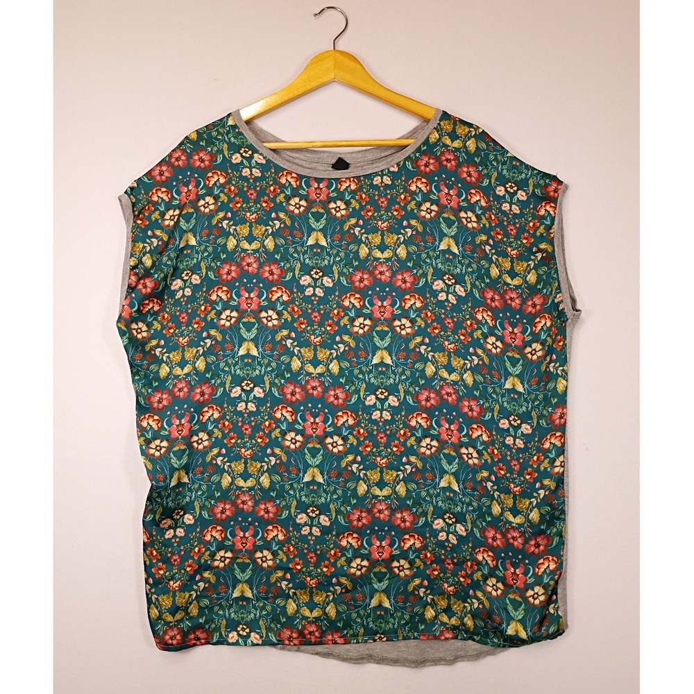 Cottagecore R&B Womens Size 14 Green Floral Mixed Media Sleeveless Knit Back Top